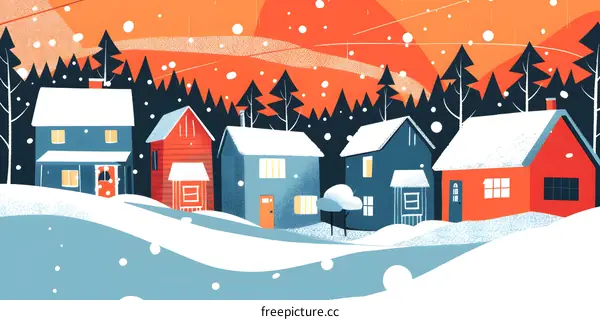 Winter Village Illustration with Houses and Snowy Landscape
