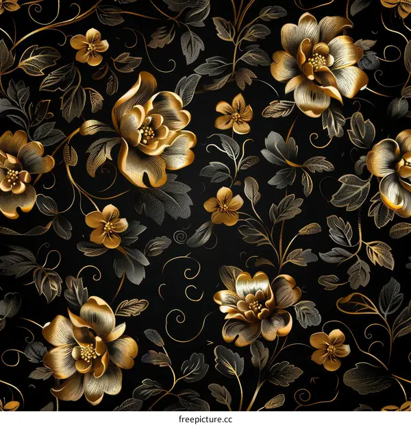 Golden Flowers and Foliage Seamless Pattern