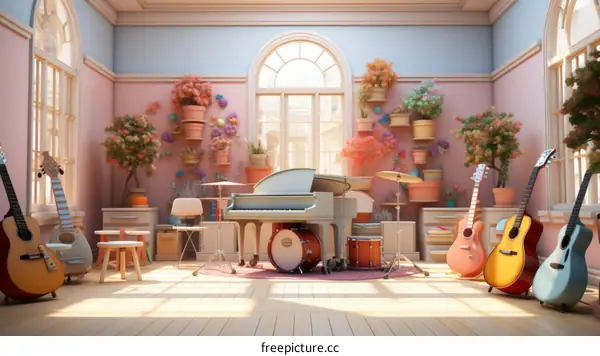 A music room with pink walls and a large window