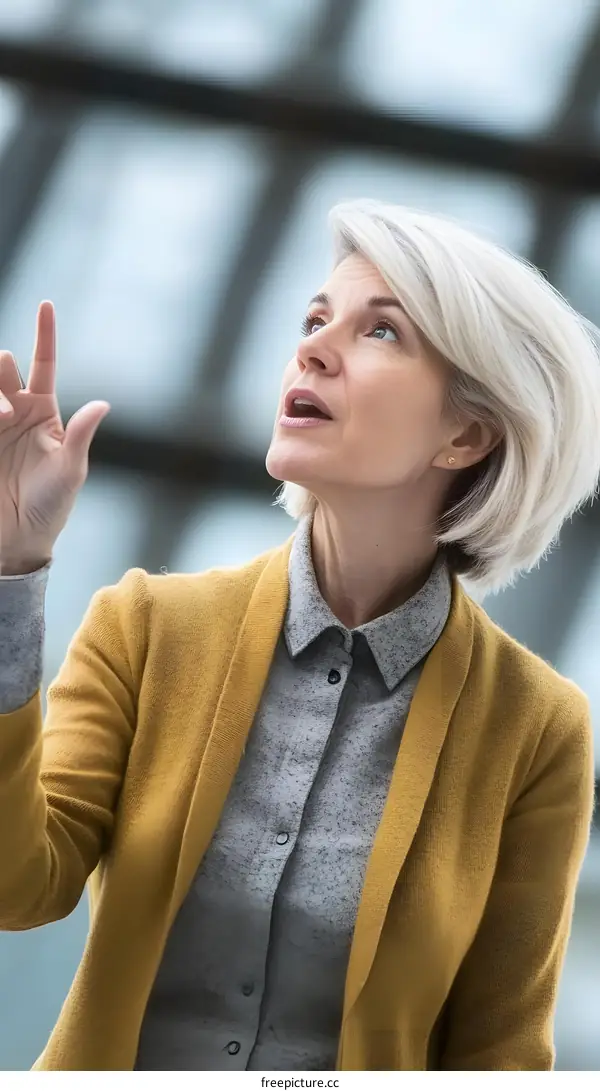 Woman in Yellow Cardigan Looking Up