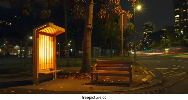 Night Street Scene with Illuminated Bus Stop and Bench