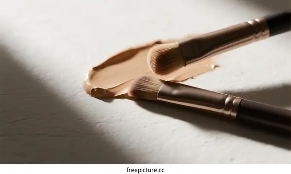 Close-up of makeup brushes with liquid foundation on white surface