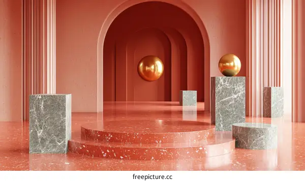 Elegant Coral Room Display with Marble Podiums