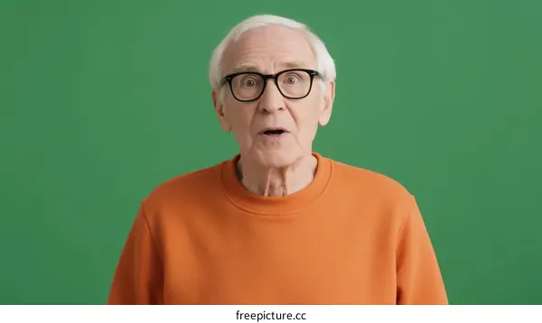 Elderly man with surprised expression wearing orange sweater against green background