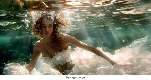 An underwater photo of a woman in a white dress
