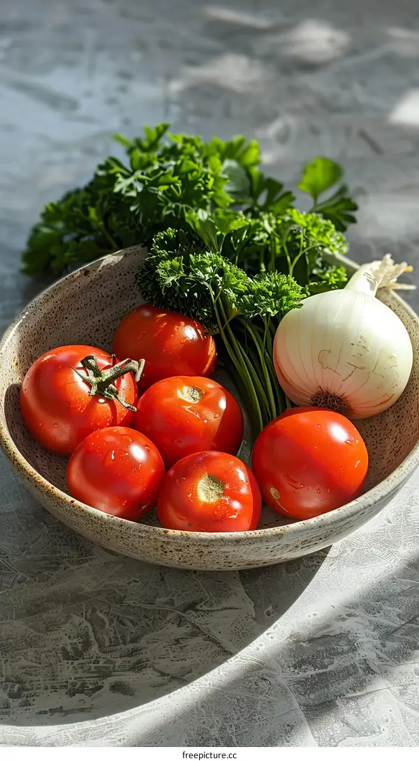 A bowl of tomatoes and parsley