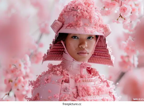 Pink-clad samurai woman and cherry blossoms