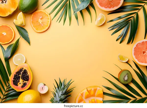 Tropical Fruit Flat Lay with Palm Leaves and Yellow Background