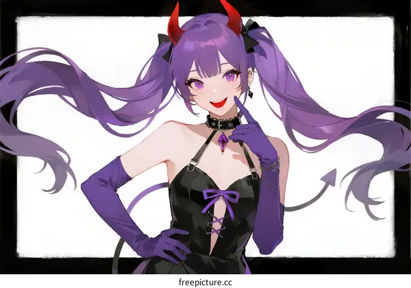 A Young Purple Haired Female Demon with Twintails in Black Dress