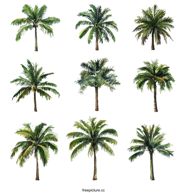 [Transparent Background PNG]Watercolor Palm Trees Illustration Set