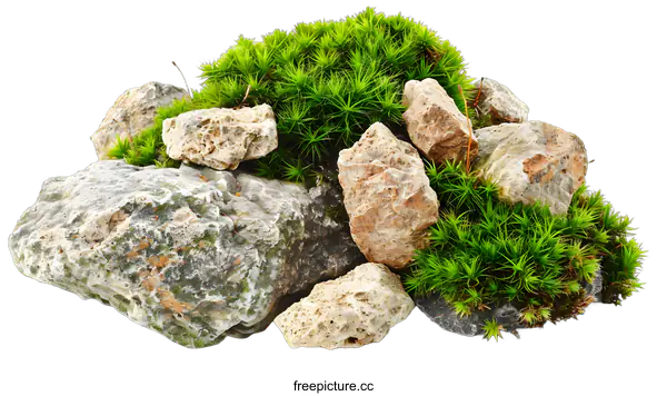[Transparent Background PNG]Green Moss and Stones Isolated on White Background