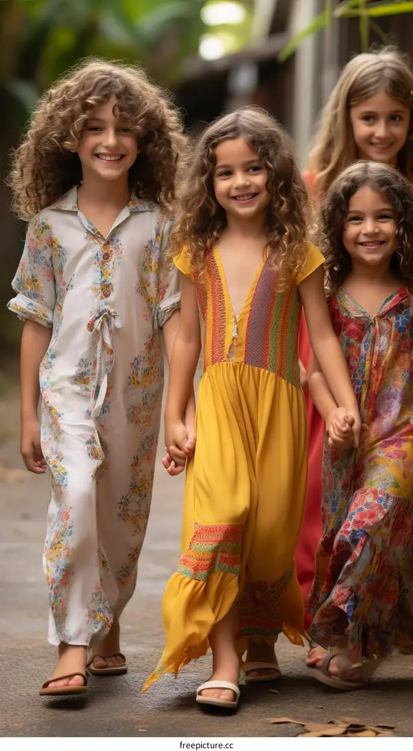 Four smiling girls in colorful dresses holding hands and walking in a tropical setting