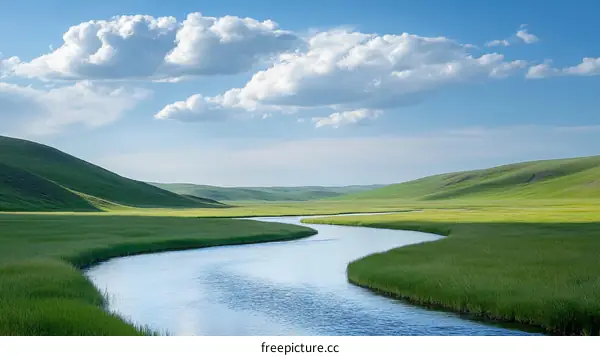 Serene River Winding Through Lush Grasslands