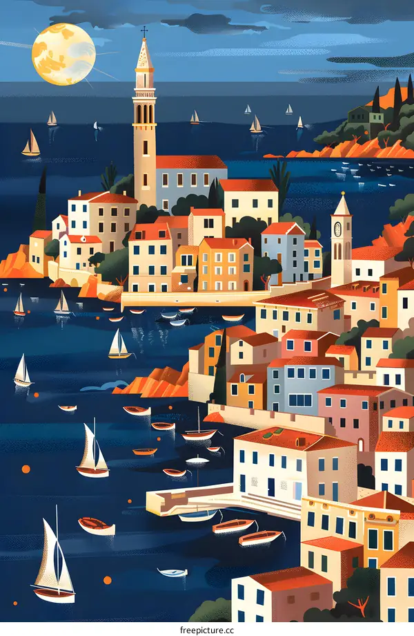 Night View of a Coastal Town with Moon