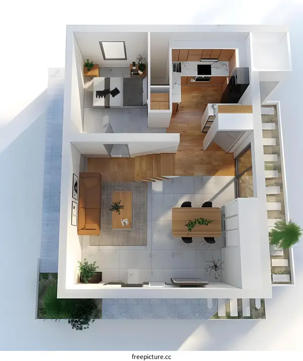 Modern House Floor Plan with Kitchen, Living Room, Bedroom, and Outdoor Area