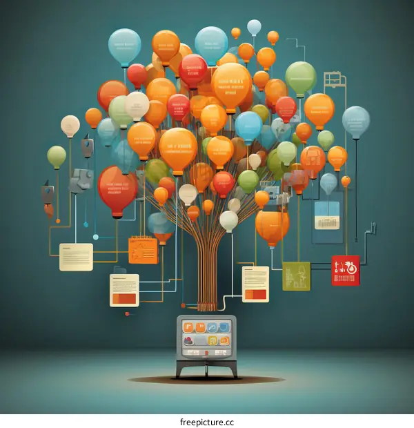 A digital tree with many balloons and documents