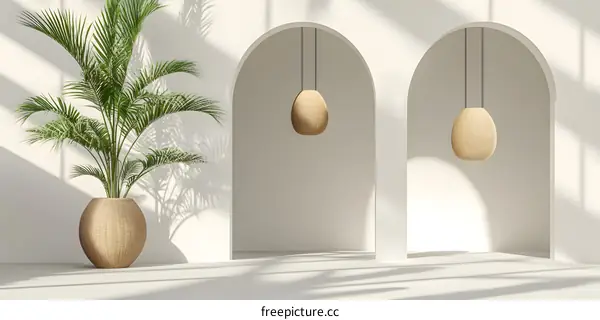Minimalist Interior Design with Palm Tree and Hanging Lamps