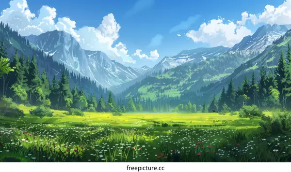 Fantasy Landscape with Majestic Mountains and Verdant Fields