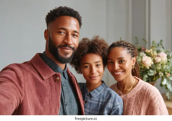 Happy African American family taking a selfie together indoors