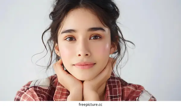 Young Woman with Curly Hair Wearing a Plaid Shirt Looking at Camera