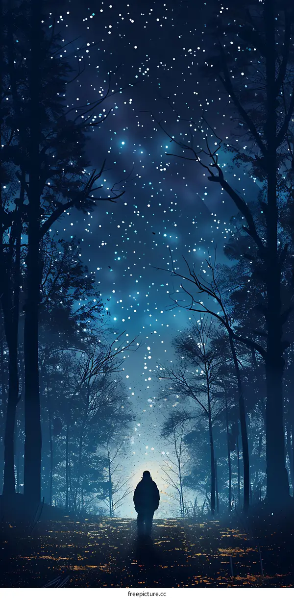 Silhouette of a Man Standing in a Forest with a Starry Night Sky