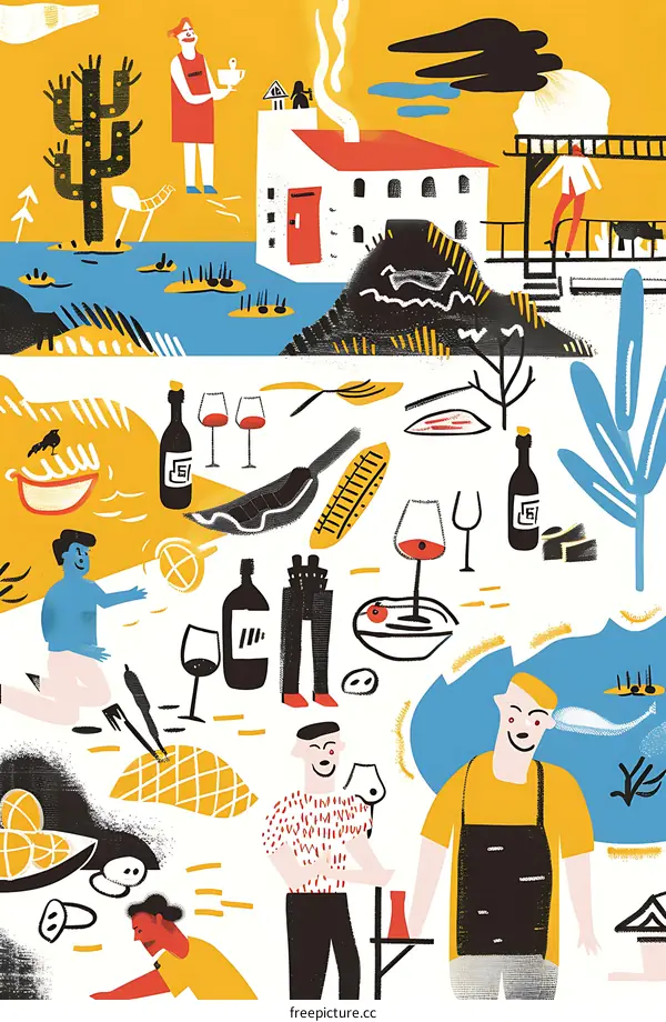 Mediterranean Illustration With People Enjoying Food And Wine