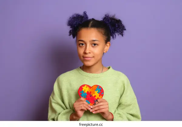 A Young Girl Holds a Puzzle Heart Representing Autism Awareness