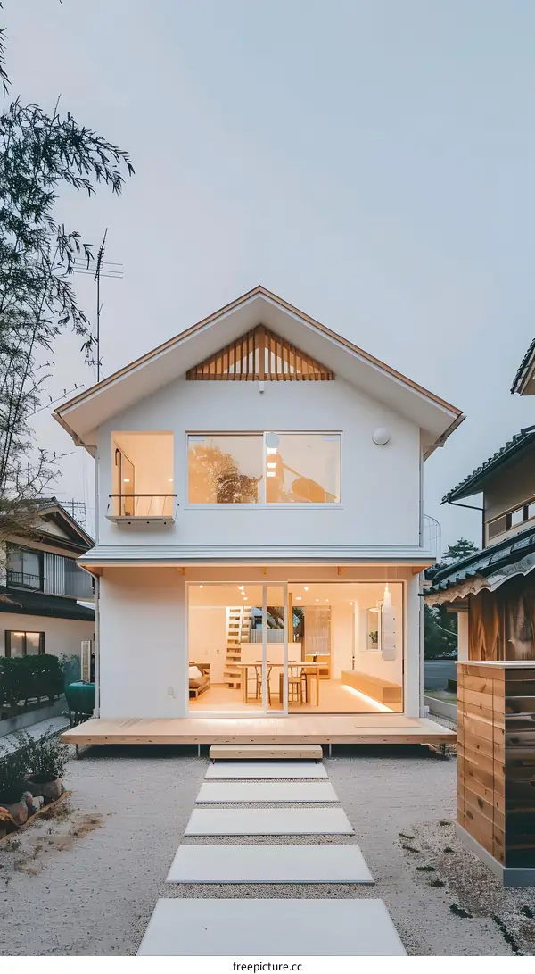Modern Minimalist White House with Wooden Deck and Stone Pathway