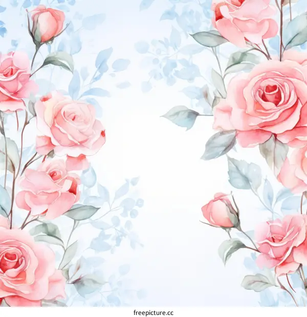 Pink roses and blue leaves on white background