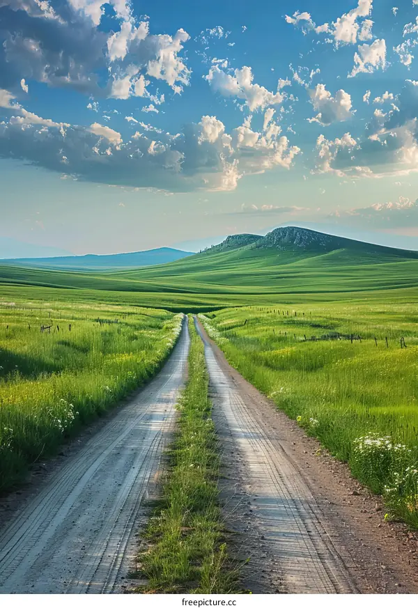 The road through the green fields