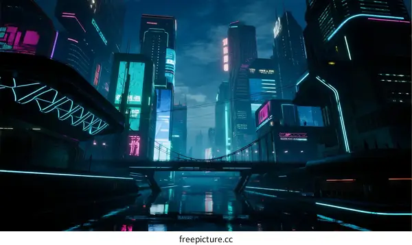 Futuristic Cyberpunk Cityscape with Neon Lights and Bridges