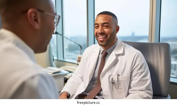 Smiling African American male doctor talking with colleague