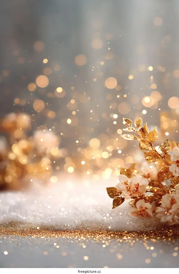 Golden Glitter Background with Floral Decor