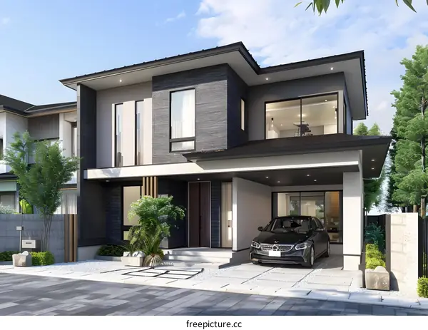 Modern Two Story House with Black Car in Front Yard