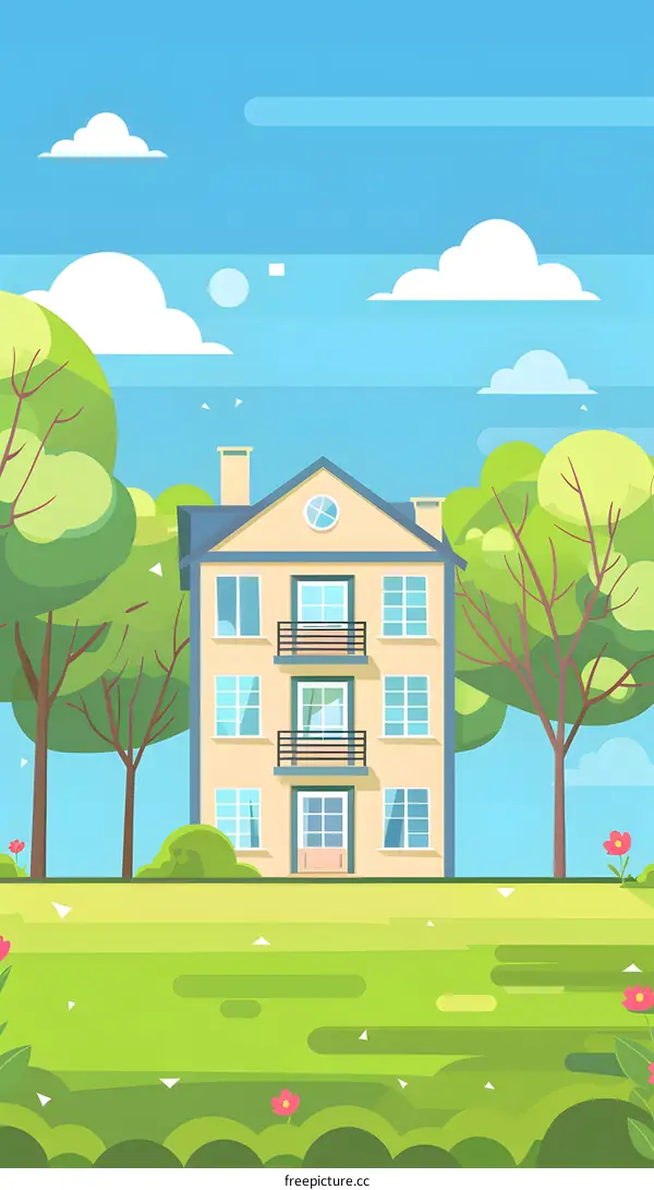 Cartoon Illustration of a Yellow House with Green Trees and a Blue Sky