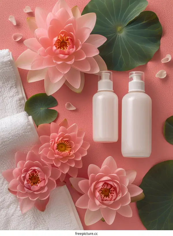 Close up of spa products with lotus flowers
