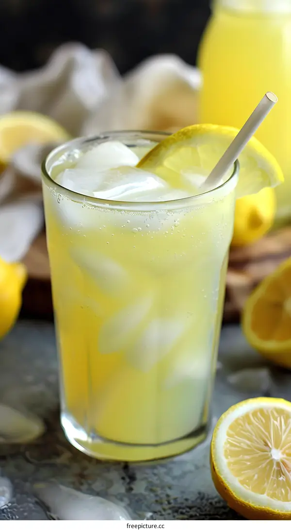 Glass of Lemonade with Ice and Lemon Slice