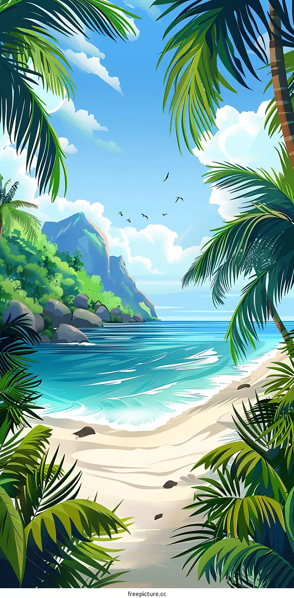 Tropical Island Paradise Landscape Illustration