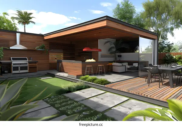 Modern Backyard Design with Patio and Outdoor Kitchen