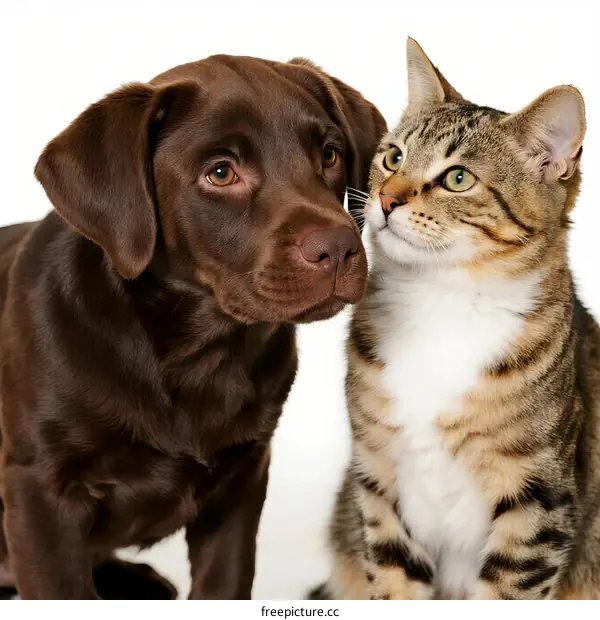 A chocolate Labrador puppy and a tabby cat showing friendly interaction