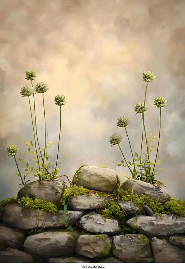 Stone Wall With Wildflowers and Moss