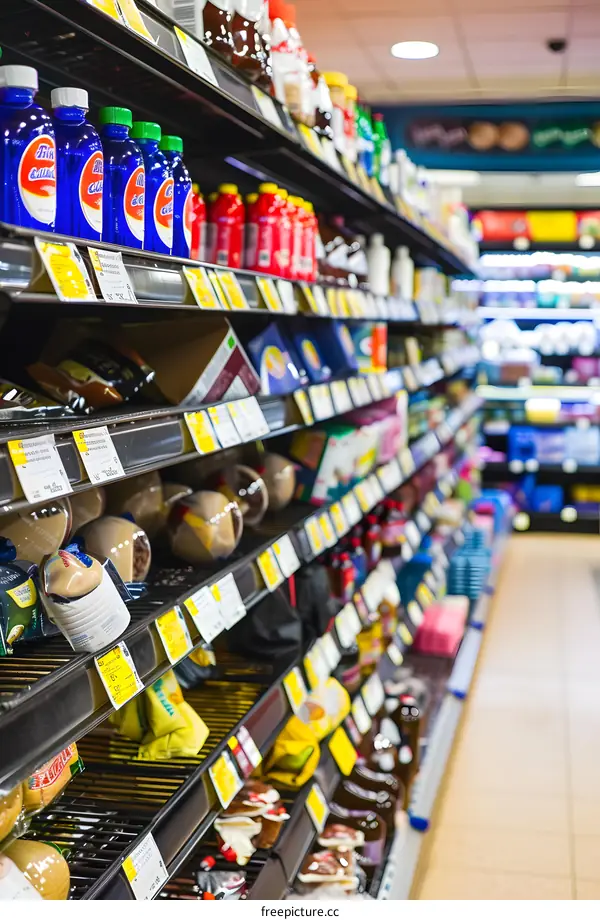 Grocery Store Aisle with Food Products on Shelves