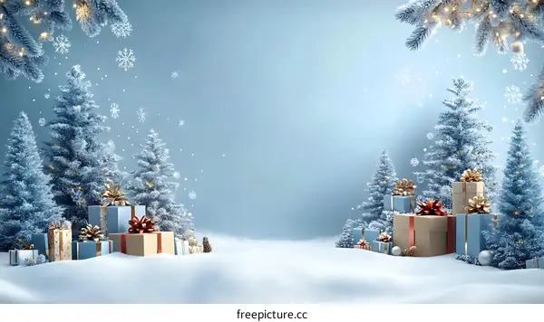 Winter Christmas Scene with Snowy Trees and Gifts