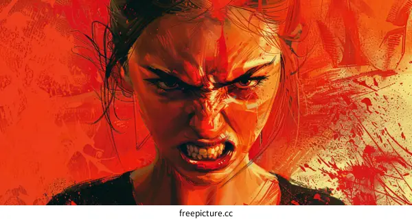 A woman with red hair and a red background is making an angry face