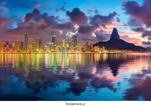 Rio de Janeiro skyline at dusk with Sugarloaf Mountain in the background