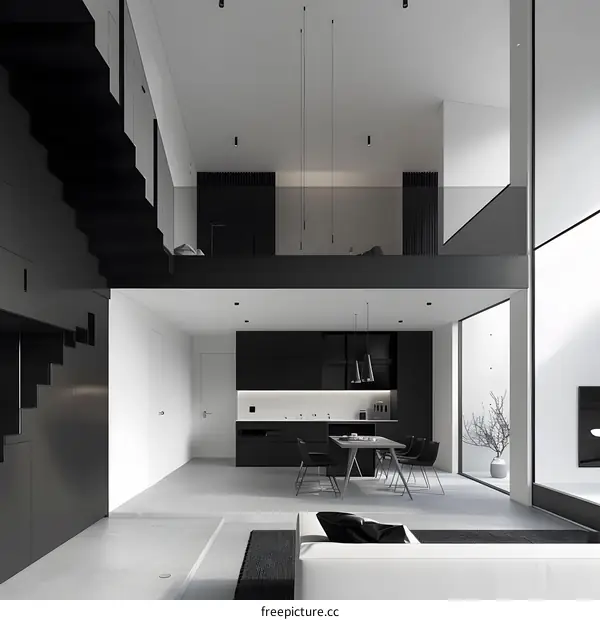 Modern Minimalist Black And White Kitchen Interior Design With Floor To Ceiling Windows