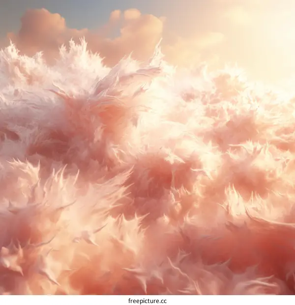 Pink fluffy cloudscape with a hint of blue sky and sunshine