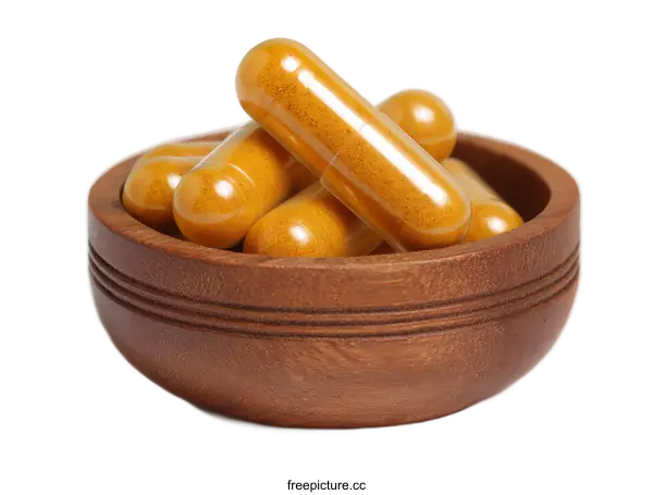 [Transparent Background PNG]Wooden Bowl with Turmeric Capsules