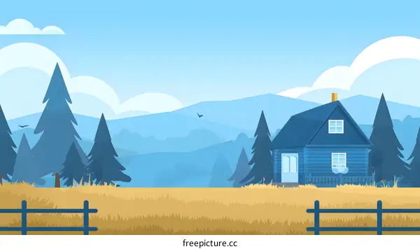 Blue House in Mountains Cartoon Illustration