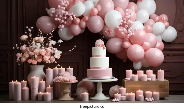 Pink and White Balloon Arch with Three-Tiered Cake and Flower Arrangements